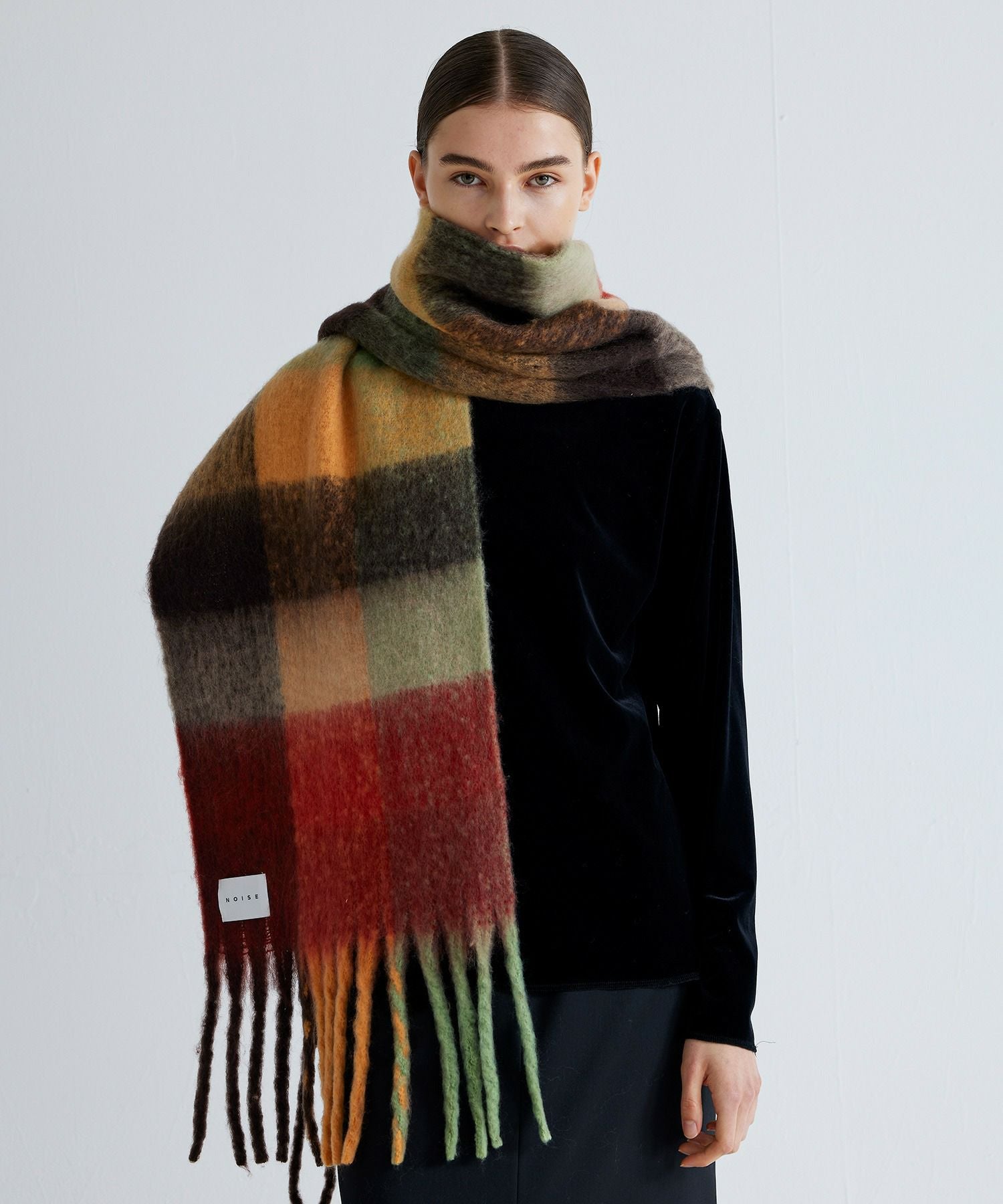 追加⑤】ボリュームフリンジブロックチェックマフラー*オレンジ