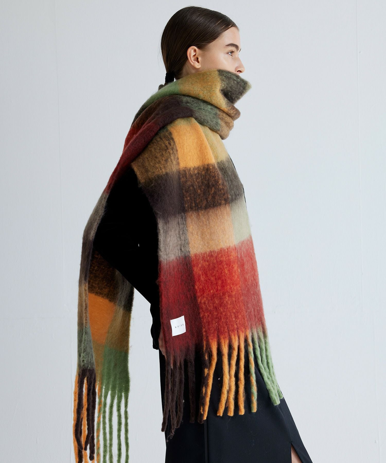 追加⑤】ボリュームフリンジブロックチェックマフラー*オレンジ