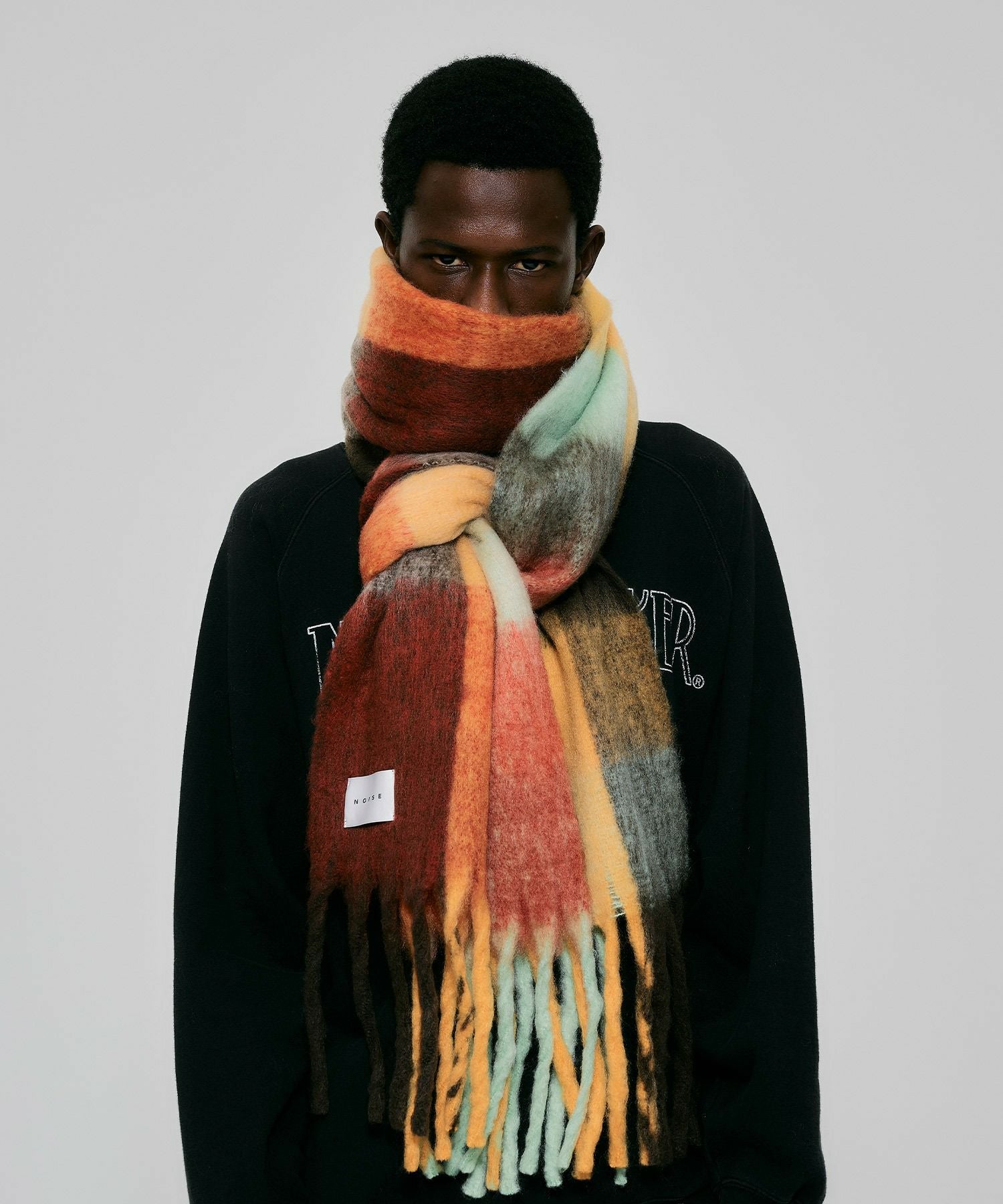 追加⑤】【MEN】ボリュームフリンジブロックチェックマフラー*オレンジ