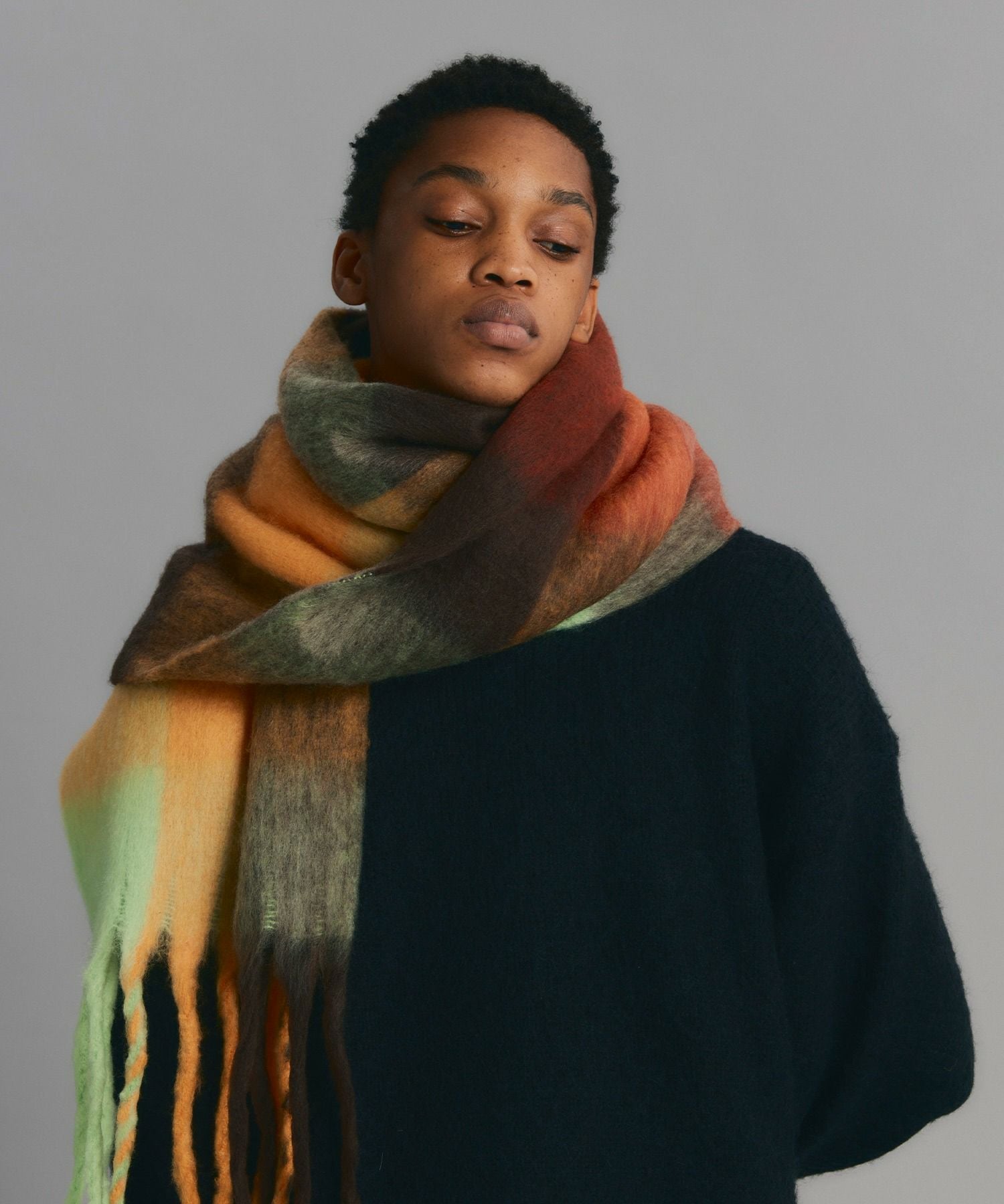 追加⑤】【MEN】ボリュームフリンジブロックチェックマフラー*オレンジ