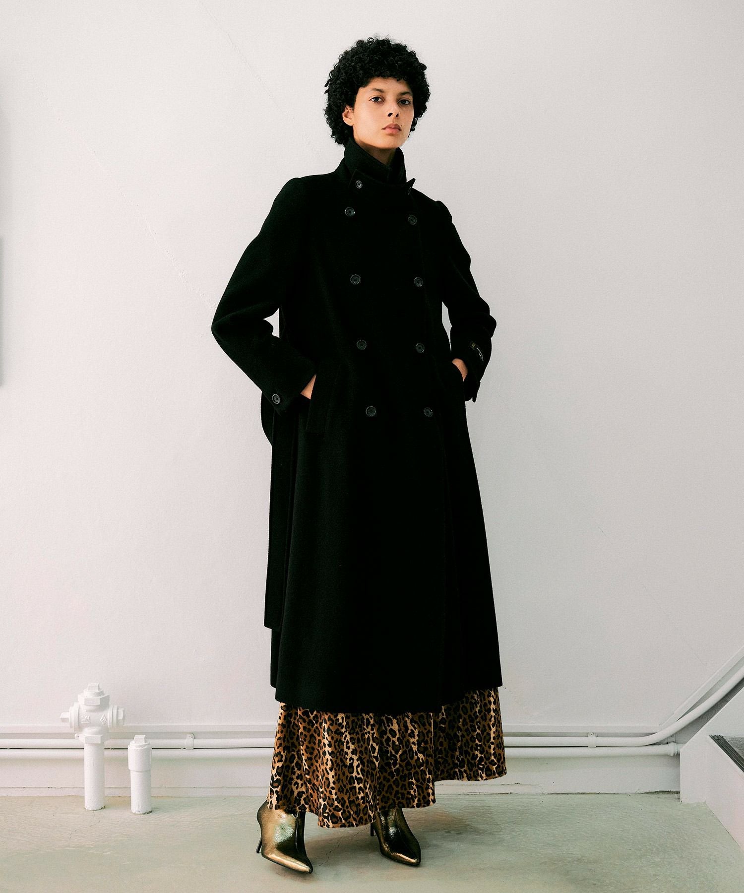 ハイブリッドウールビーバースタンドカラーロングコート*ブラック