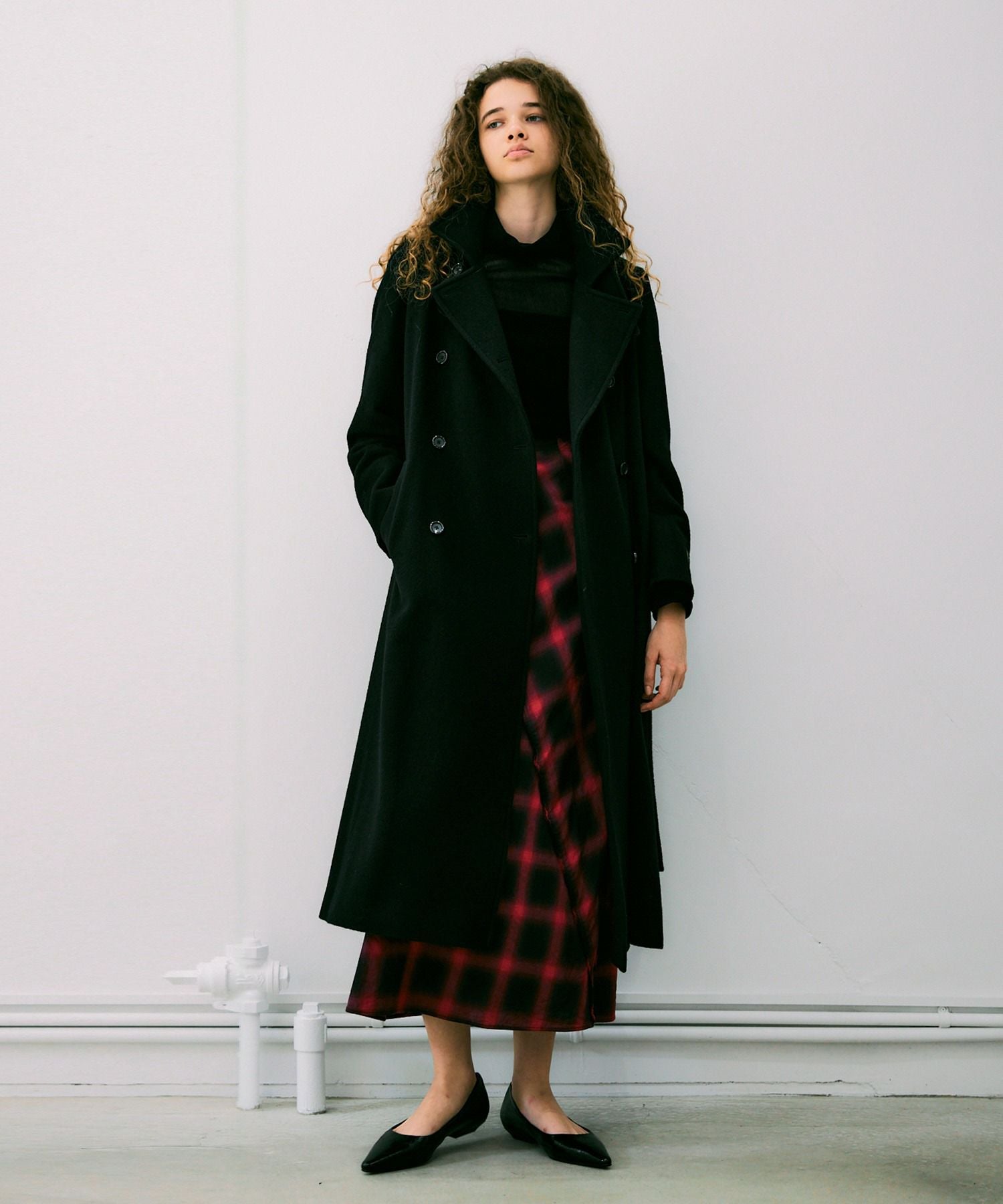 ハイブリッドウールビーバースタンドカラーロングコート*ブラック