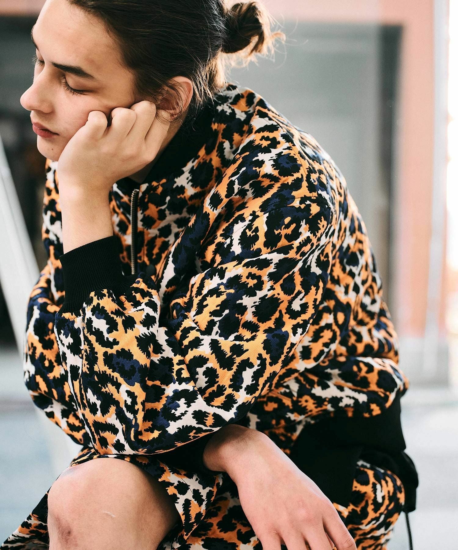 MEN】レオパードジャガード織オーバーサイズブルゾン*オレンジ×ブルー
